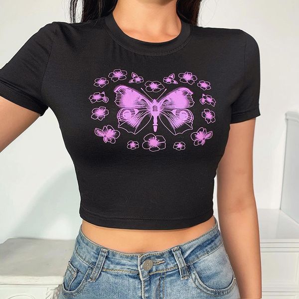 

womens t shirt short sleeve summer crop butterfly print o neck streetwear casual t shirt female 2021 slim top, White