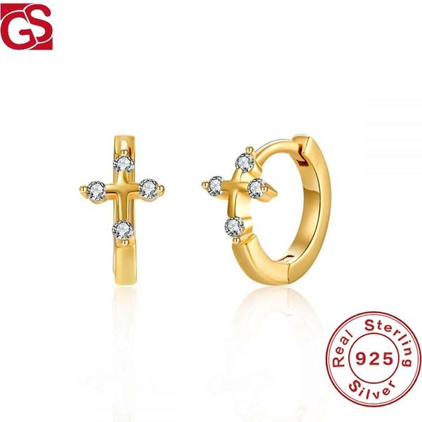 

hoop & huggie gs 1 pair pendientesÂ plataÂ 925 brincos cross-shape earring for women fashion round huggies real 925 sterling silver, Golden;silver