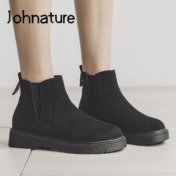 

boots johnature winter women round toe ladies shoes flat with sewing retro concise leisure ankle platform plus size 41-43, Black