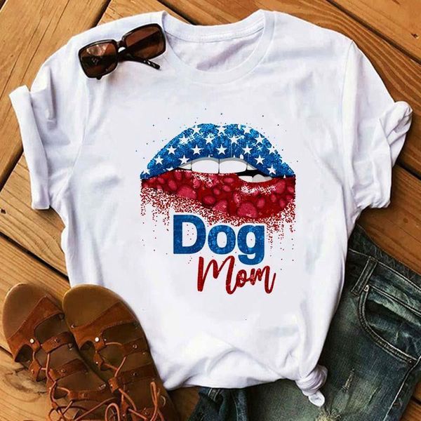 

women cute dog paw colorful lips cartoon ladies graphic womens tees female camisas lady t-shirt harajuku t shirt, White