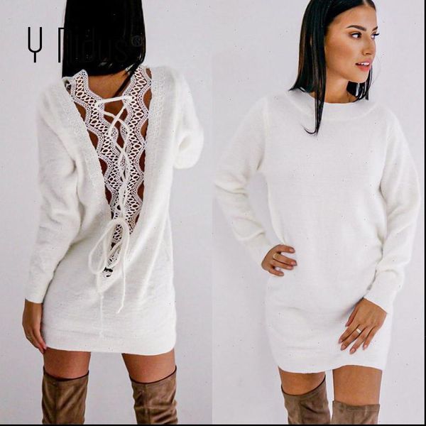 

women winter pullover dresses 2021 lace hollow out white dress long sleeve loose soft velvet knit dress robe vestidos, Black;gray