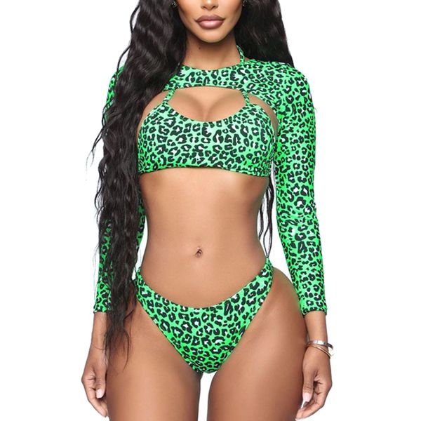 

green leopard split 2 piece bikini set women long sleeve hollow crop brazilian panties swimsuit swimwear swimming, White;black