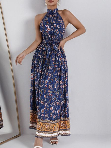 

self belted halter floral dress 68rv#, Black;gray