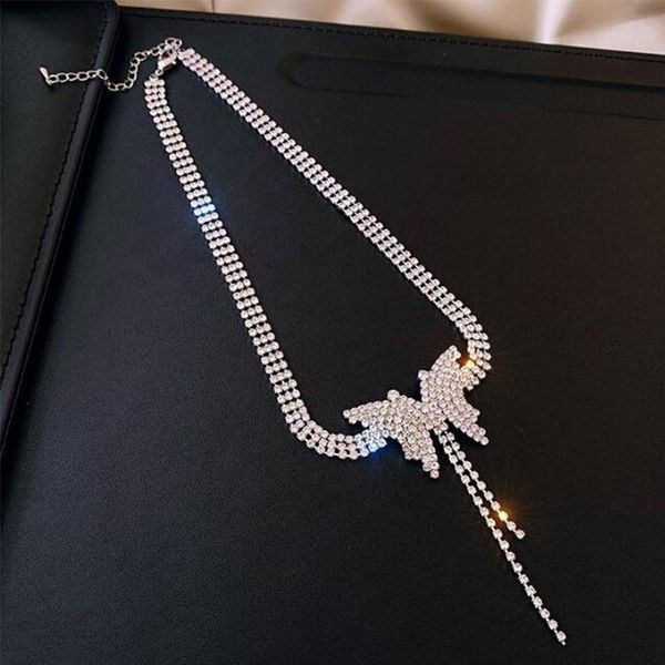 

chokers lats fashion full rhinestone butterfly necklace silver color wild tassel clavicle chain for women pendant jewelry gift, Golden;silver