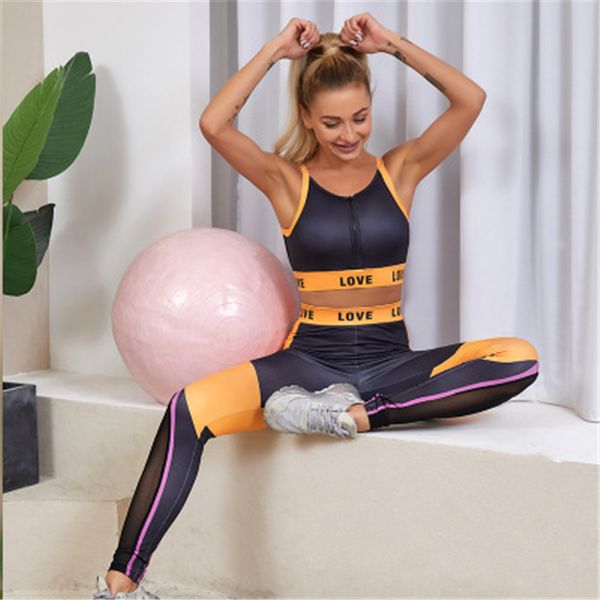 

women hollow out yoga 2pcs sets fashion backless zipper vest short high waist leggings sports suits female fitness skinny tracksuits, Gray