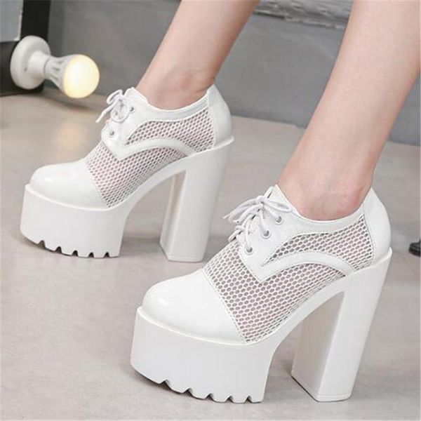 

sandals fashion solid platform women summer shoes waterproof mesh lace up 14.5cm thick high heels round toe woman, Black
