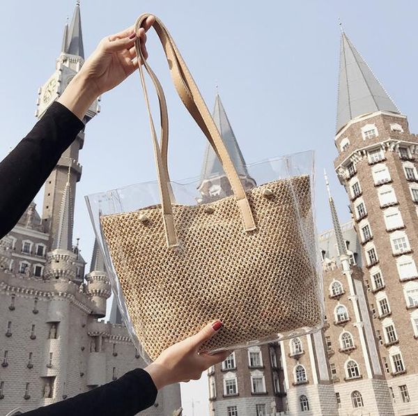 

fashion bag 3pcs summer women pvc&weave transparent large capacity composite bag khaki black brief beach bag