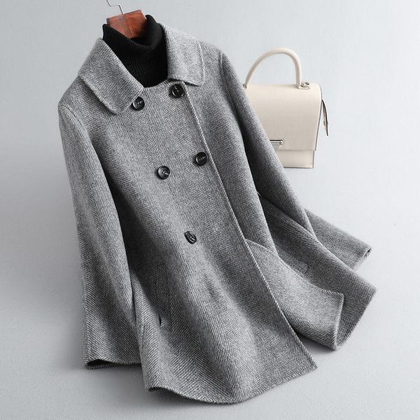 

women's wool & blends (with lining) woolen jacket women 2021 fashion autumn winter loose coat plus size double-breasted casual overcoat, Black