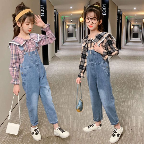 

girls' spring new plaid + children's strap jeans, Blue