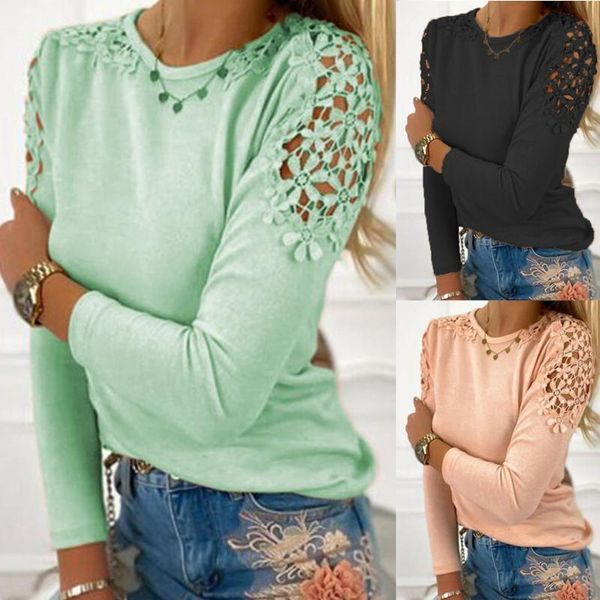 

women's t-shirt clothing autumn and winter fashion solid color slim lace hollow long sleeve loose plus size, White