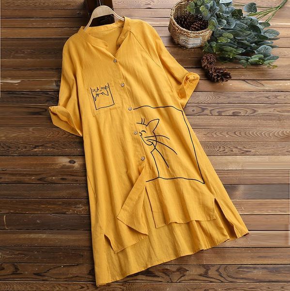 

women plus size blouse loose linen swing vintage cat print shirt blouse womens and blouses camisas mujer new, White