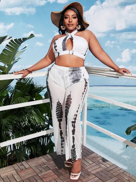 

plus allover print halter bikini swimsuit with cover up 87fe#, Black