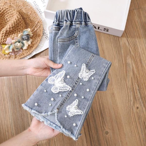 

jeans 2021 spring children's clothing loose elastic high waist pants kids solid bow flare long denim trousers for girls q27, Blue