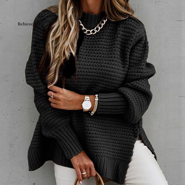

autumn winter elegant ribbed slit sweaters vintage solid lantern sleeve women pullover casual knitted o neck sweater jumper, White;black