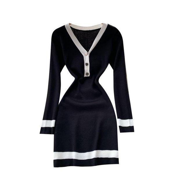 

casual dresses 2021 knit dress fashion v-neck stretch slim autumn women's tight fit party ladies elegant vestidos, Black;gray