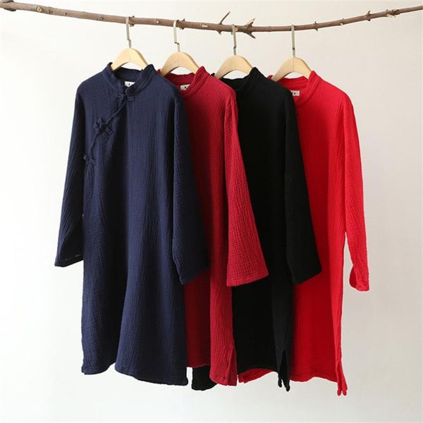 

casual dresses women chinese style dress 2021 summer cotton linen full sleeve plus size solid button straight vestidos -6xl, Black;gray