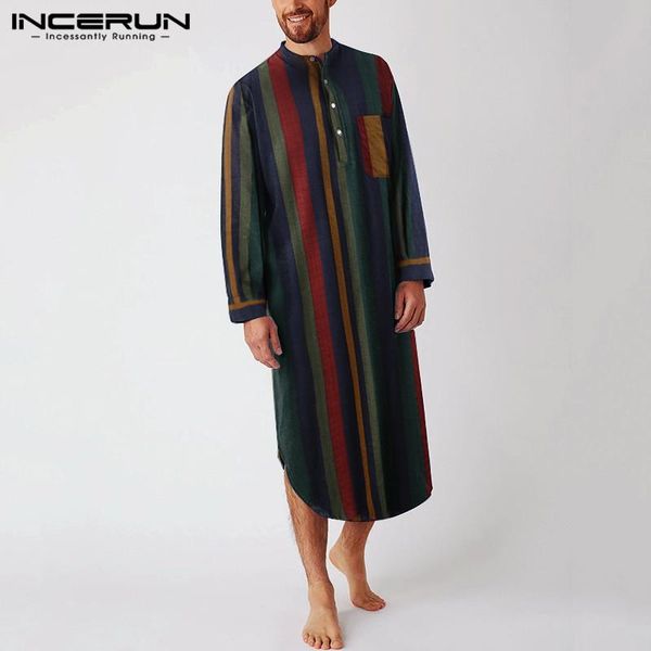 

incerun vintage striped sleep robes men fashion long sleeve sleepwear stand collar buttons nightgown man loose cotton bathrobes, Black;brown