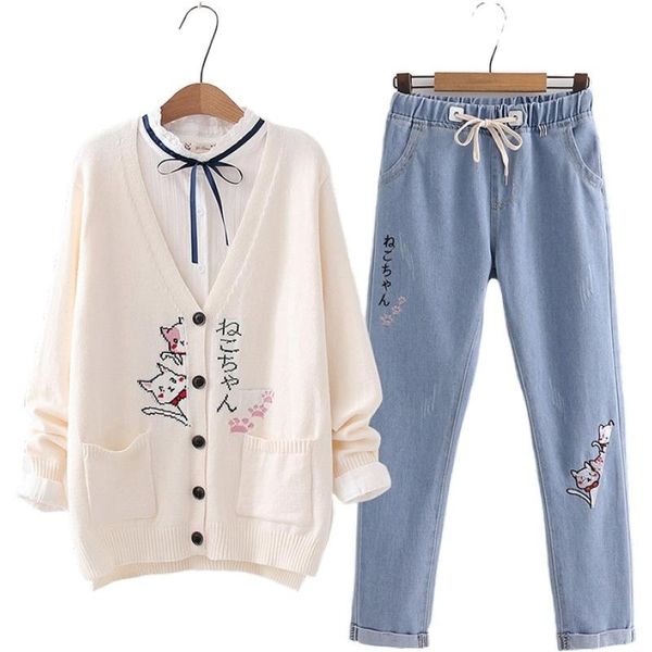 

women's tracksuits women sets cartoon cat embroidery knitted cardigan and elastic waist denim pants pocket jeans solid blouse 3 piece s, Gray