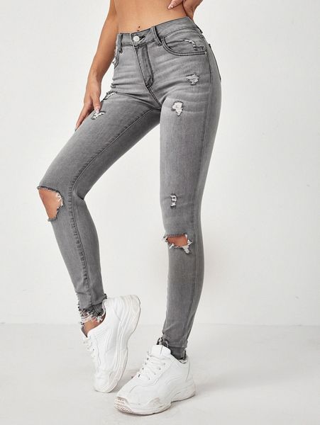 

high stretch ripped raw hem skinny jeans g2sl#, Blue