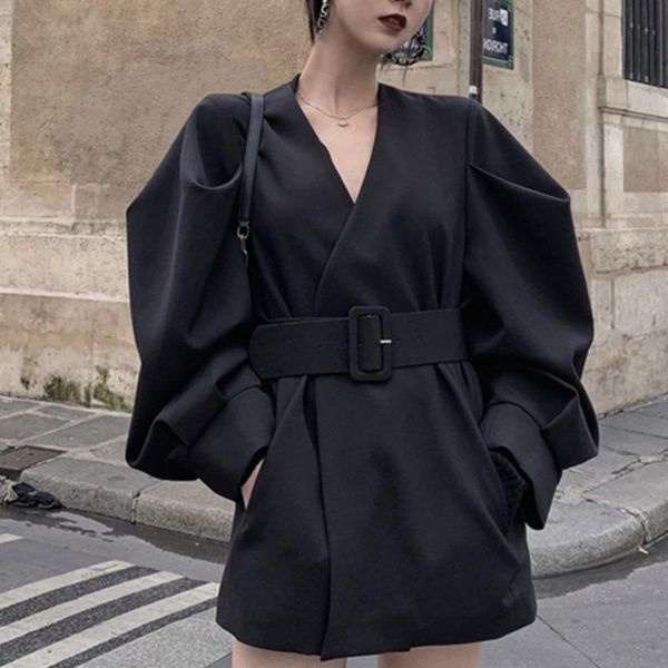 

women's suits & blazers [ewq] korea chic casual fashion women solid color v-neck wide loose waist long-sleeved blazer autumn 2021 16e15, White;black