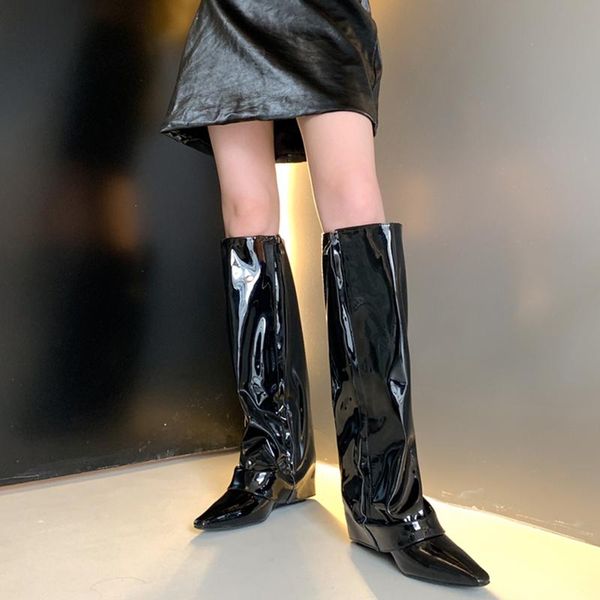 

boots women fashion knee high pointed toe platform leather long botas wedges 5cm heels ladies casual party shoes loose style, Black