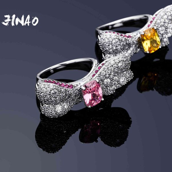 

jinao 2021 pink&yellow zircon bow ring prong setting aaa+cz stones women jewelry for gift, Silver