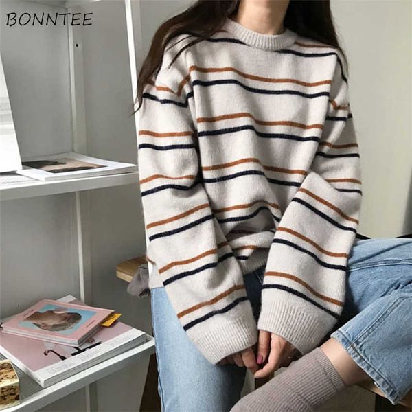 

pullovers women soft autumn o-neck sweaters chic daily womens pullover sweet student striped harajuku knitted loose outwear s20210106, White;black