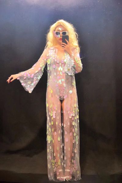 

womens dance sparkly ab rhinestones sequins mesh bodysuit long jacket perspective clothes dance wear birthday celebrate outfit, Black;red