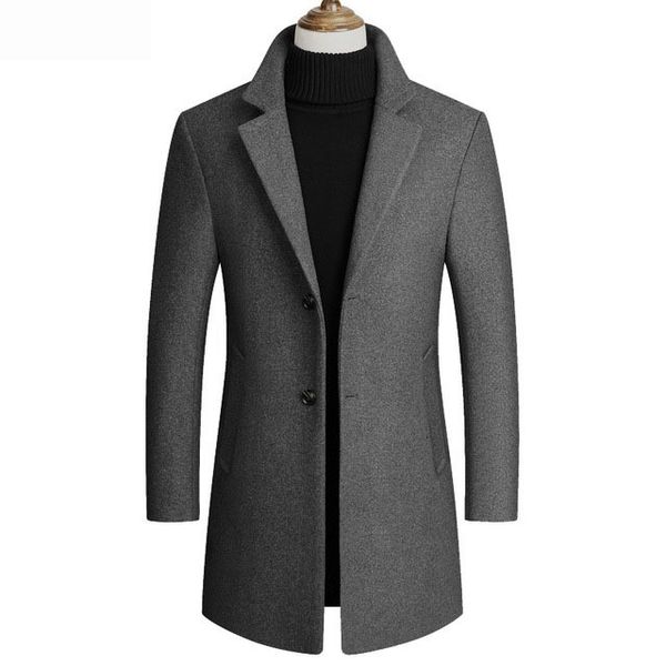 

men's solid color single breasted trench coat / male high-quality wool men jacket clothes fashion slim outerwear 2odb, Black