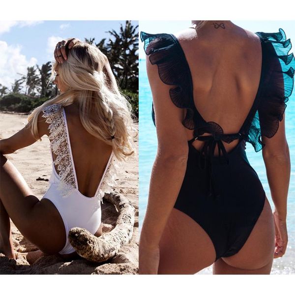 

women's swimwear ruffle with lace 2021 one piece swimsuit women backless monokini beach wear black white solid bathing suits female, White;black