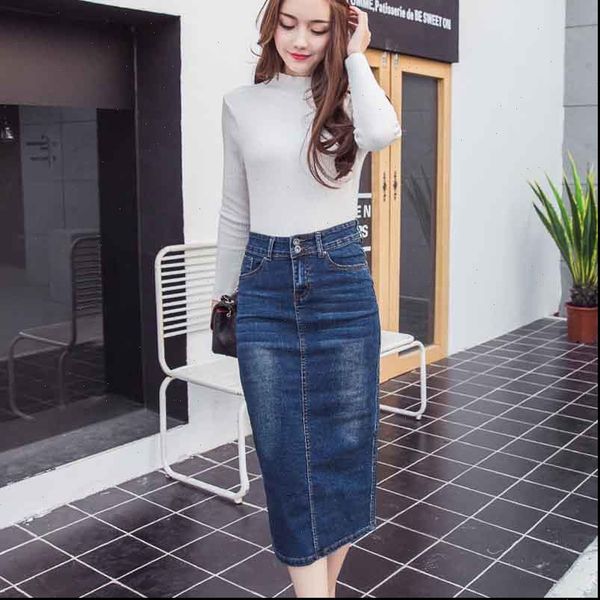 

2021 women skirts plus size ladies office jeans faldas long denim skirt vintage button high waist pencil black blue slim