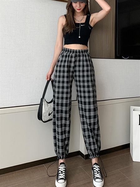 

poungdudu 2021 spring plaid pants for women y2k pants wide-leg trousers high waisted paddy vintage casual highstreet student, Black;white