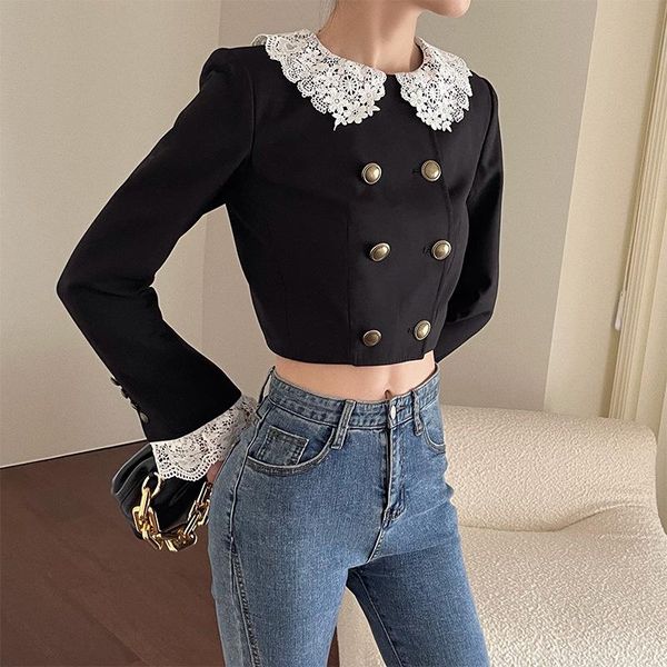 

women's jackets womens loose fit cardigan coat long-sleeve babydoll collar casual lace stitching short suit, Black;brown