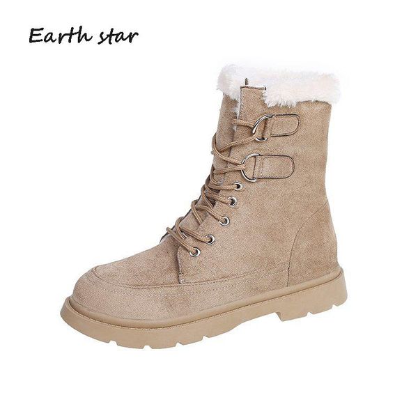 

boots warm shoes women 2021 winter ladies ankle footware plush british style female botas mujer fur khaki, Black