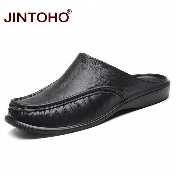 

slippers jintoho summer leather shoes fashion men slipper slip on casual big size male, Black