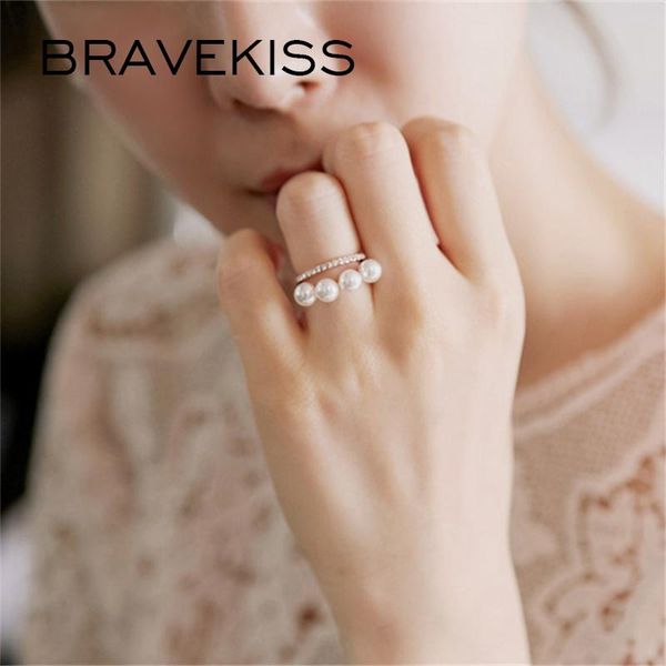 Ringos de cluster Bravekiss 2 coloras dupla camada elegante simulada Pearl Gold Silver Luxury Cz Stone Ring Jeia para mulheres PR0199