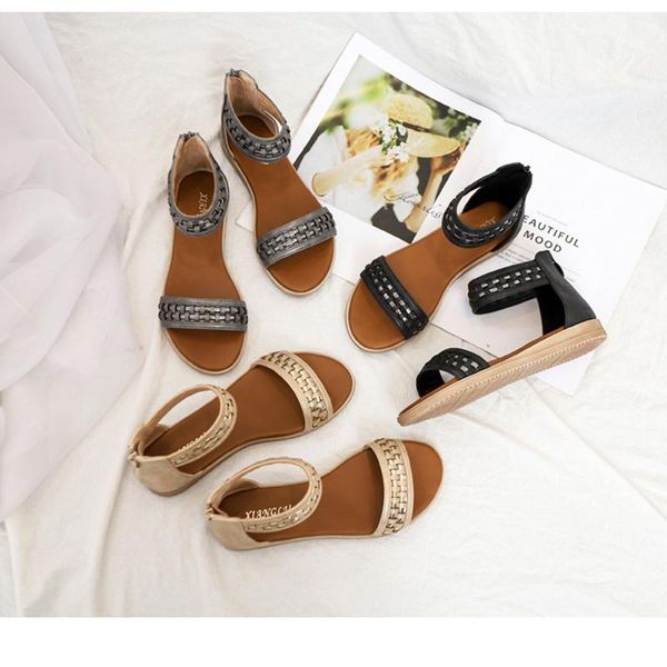 

sandals bohemian flat 2021 rear zipper open toe roman shoes plus size women, Black