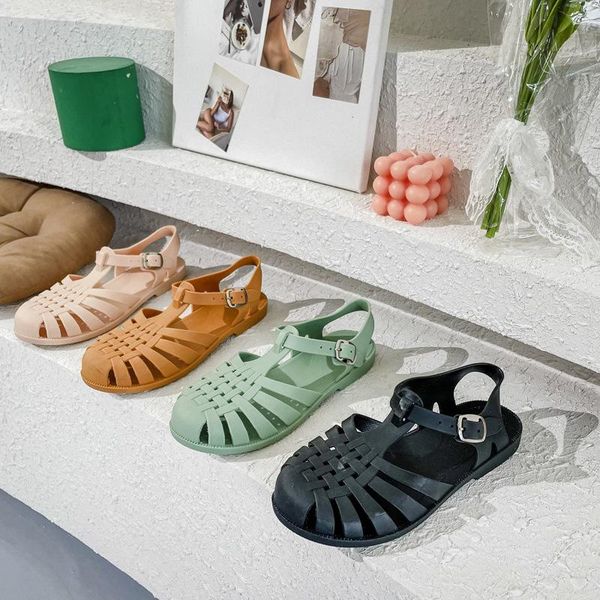 

sandals summer cover toe weave jelly women slippers cross narrow band gladiator sandalias mujer 2021 flat cut out shoes, Black