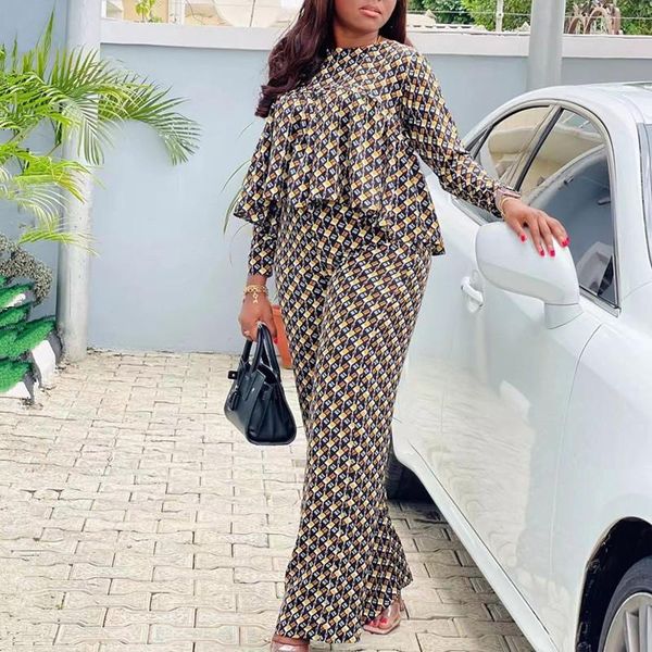 

women's two piece pants vintage plaid print women casual suits long sleeve dip hem crop shirt & loose set, White