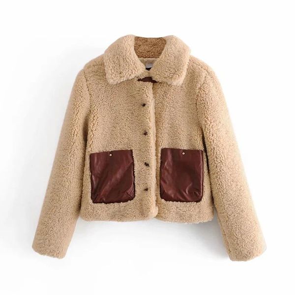 

women's fur & faux women with pockets teddy jacket coat vintage long sleeve button-up female outerwear chic, Black