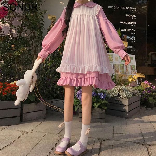 

casual dresses sweet cute kawaii girls dress princess maid vintage ruffles puff sleeve red black round collar, Black;gray