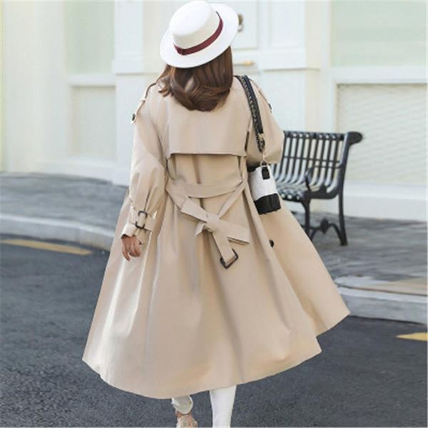 

women's trench coats 2021 autumn women casual big size windbreakers khaki solid sashes double breasted cotton polyester office lady thi, Tan;black