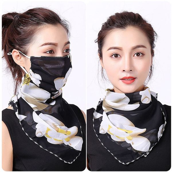 

spring and autumn triangular silk scarf women's chiffon veil ear hanging face mask sunscreen mask neck protection dust prevention, Blue;gray