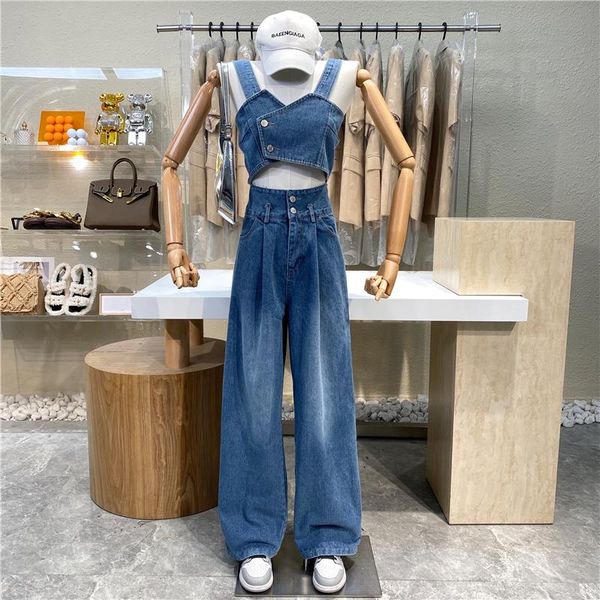 

women's two piece pants european summer side buckle irregular short sling +two high waist loose casual wide-leg women fashion 2021, White