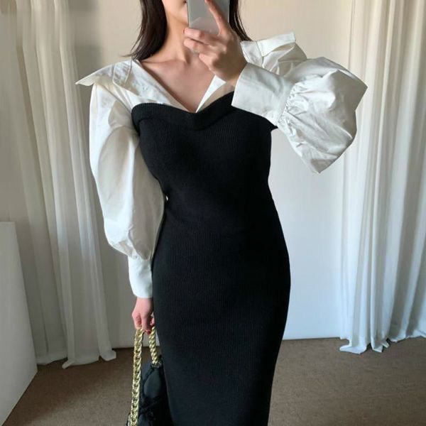 

elegant fake two patched-up hit color ladies high hip mermaid thin dress turn down collar long robe sleeve f9hj, Black;gray