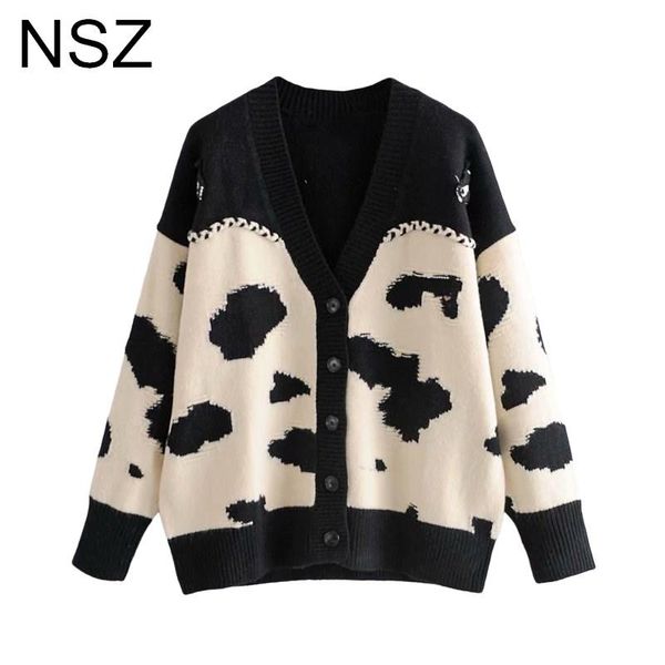 

nsz women oversized animal cows print sweater cardigan coat long sleeve loose knit jacket pull femme jersey knitwear, White