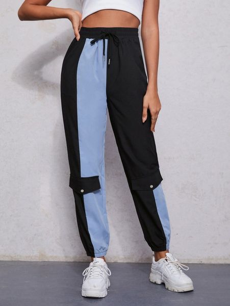 

contrast panel drawstring waist flap detail pants 97nt#, Black;white