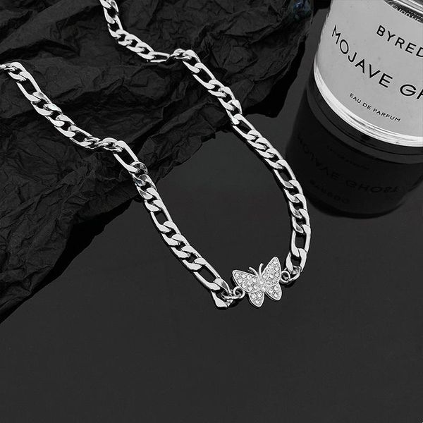 

pendant necklaces fashion simple creative design inlaid zircon butterfly shape hip hop trend personality figaro chain women's jewelry g, Silver