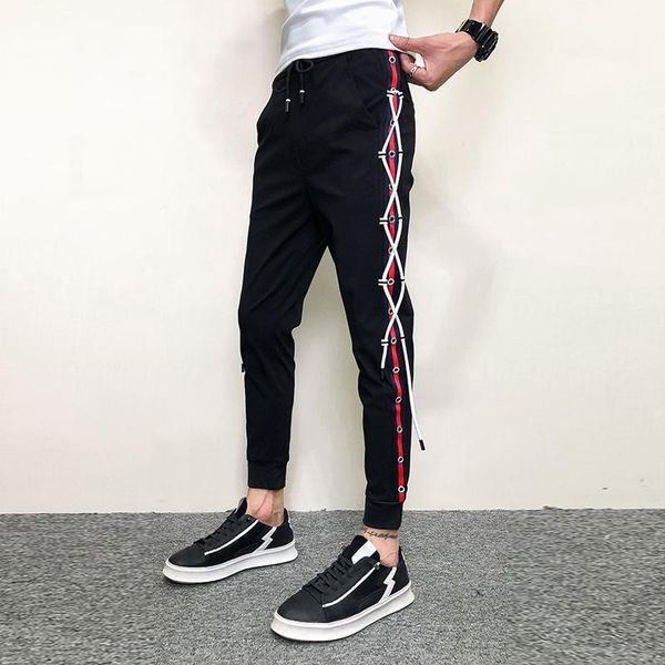 

men's pants korean summer fashion side ribbon thin harem men clothing 2021 simple ankle length slim fit casual joggers trousers black