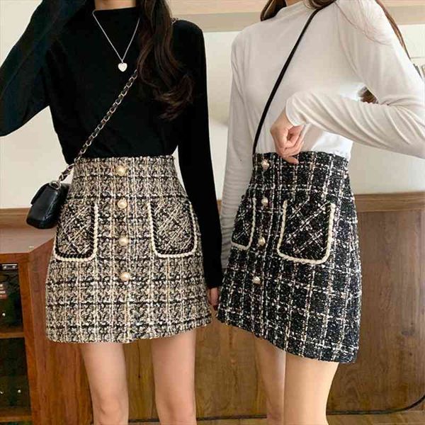 

high waist tweed plaid women woolen skirt autumn winter elegant wool a-line slim ladies mini skirts female office skirt, Black